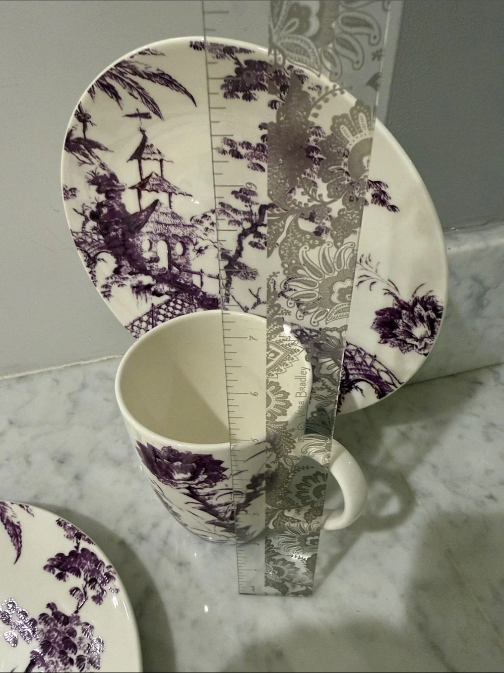 SCALAMANDRE by LENOX Toile Tale Amethyst 2 Accent Plates & Mug Pattern:  L TOTAM